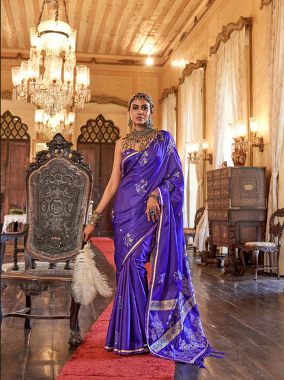 Rajwada Blue Silk Blend Woven Saree With Unstitched Blouse For Women