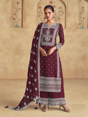 Rajwada Maroon Georgette Embroidered Semi-Stitched Kurta Set For Women