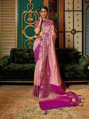 Rajwada Light Pink Silk Blend Woven Saree With Unstitched Blouse for Women