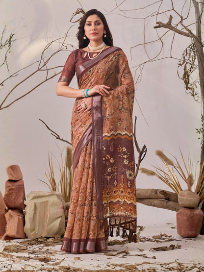 Rajwada Brown Linen Cotton Printed Saree For Women