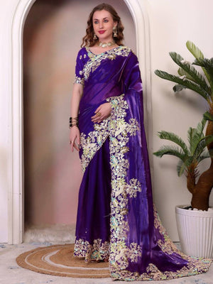 Rajwada Royal Blue Jimmy Choo Embellished Saree For Women