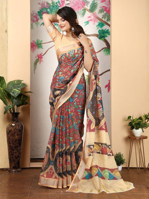 Rajwada Maroon Cotton Linen Woven Printed Saree For Women