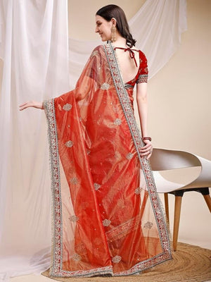 Rajwada Red Organza Embellished Solid Saree For Women