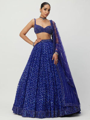 Rajwada Blue Net Embellished Semi Stitched Lehenga For Women
