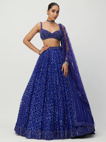 Rajwada Blue Net Embellished Semi Stitched Lehenga For Women