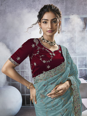 Rajwada Sea Green Georgette Embellished Elegant Saree For Women