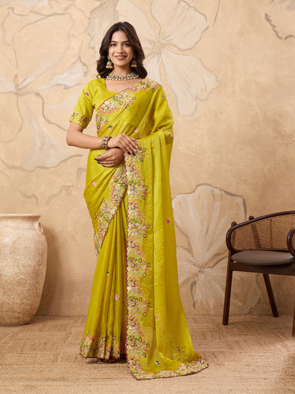 Rajwada Yellow Chiffon Embroidered Saree For Women