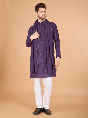 Rajwada Purple Viscose Silk Sequins Stitched Kurta For Men