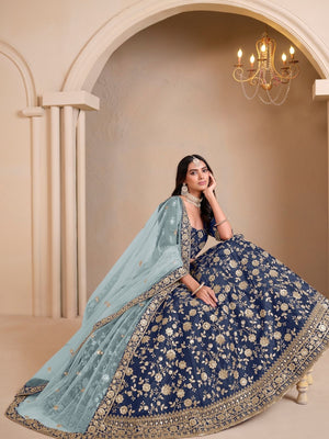 Rajwada Blue Art Silk Embroidered Semi-Stitched lehenga For Women