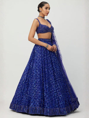 Rajwada Blue Net Embellished Semi Stitched Lehenga For Women