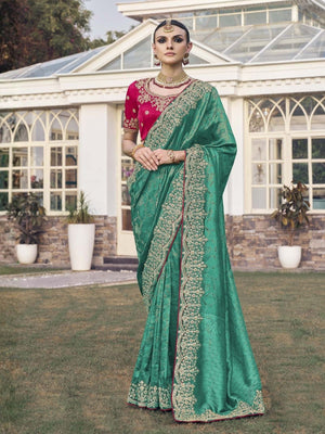 Rajwada Green Satin Embroidered Saree For Women