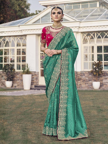 Rajwada Green Satin Embroidered Saree For Women