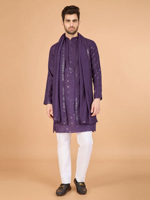 Rajwada Purple Viscose Silk Sequins Stitched Kurta For Men