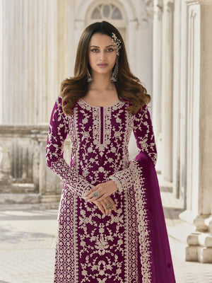 Rajwada Wine Silk Blend Embroidered Semi Stitched Kurta Set For Women