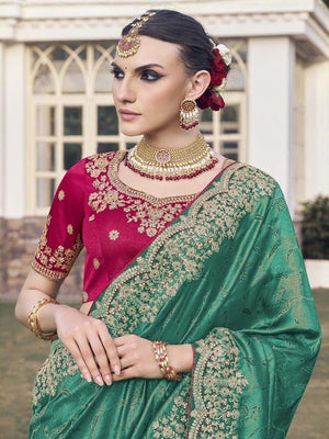 Rajwada Green Satin Embroidered Saree For Women