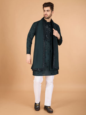 Rajwada Green Viscose Silk Embellished Stitched Kurta For Men