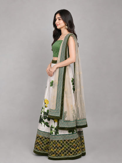 White And Green Satin Embroidered Lehenga