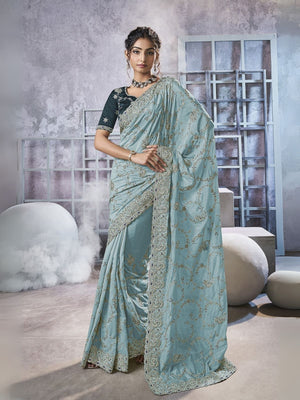 Rajwada Light Blue Georgette Embellished Elegant Saree For Women