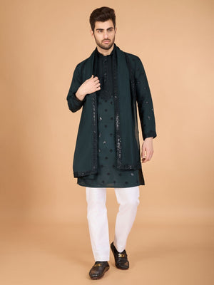 Rajwada Green Viscose Silk Embellished Stitched Kurta For Men