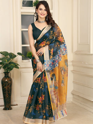 Rajwada Dark Green Cotton Linen Woven Printed Saree For Women