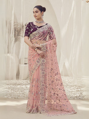 Rajwada Pink Net Embroidered Elegant Saree For Women