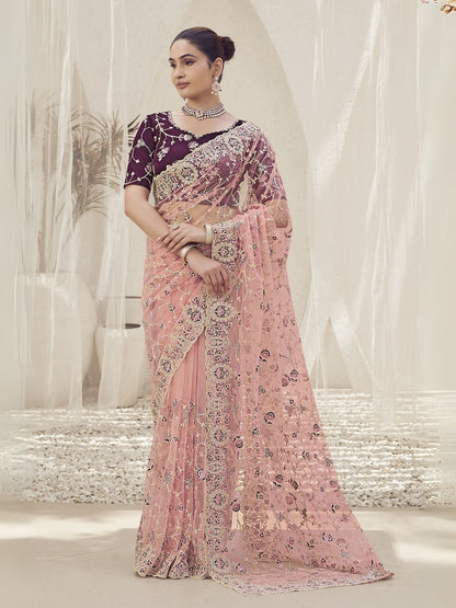 Rajwada Pink Net Embroidered Elegant Saree For Women