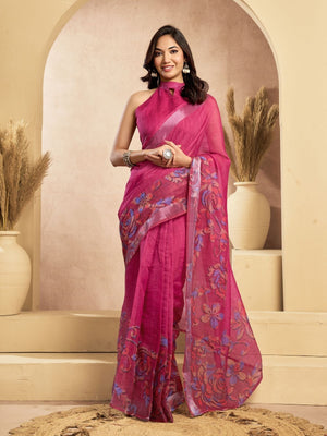 Rajwada Pink Cotton Linen Zari Work Saree For Women