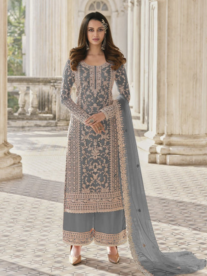 Rajwada Pastel Blue Silk Blend Embroidered Semi Stitched Kurta Set For Women