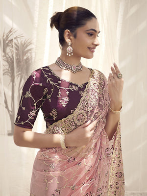 Rajwada Pink Net Embroidered Elegant Saree For Women