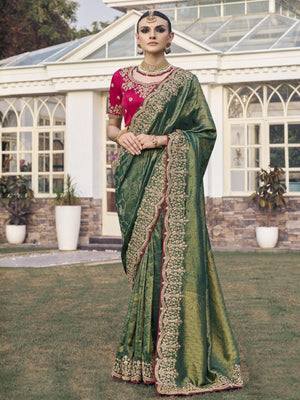 Rajwada Olive Green Satin Embroidered Saree For Women