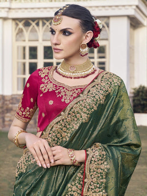 Rajwada Olive Green Satin Embroidered Saree For Women