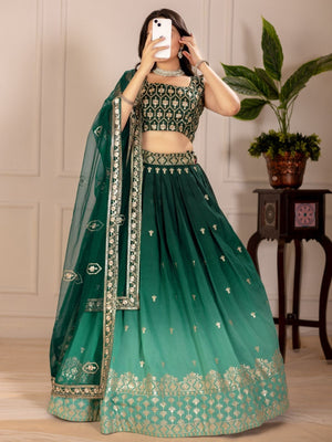 Rajwada Green Ombre Silk Blend Embroidered Semi-Stitched lehenga For Women