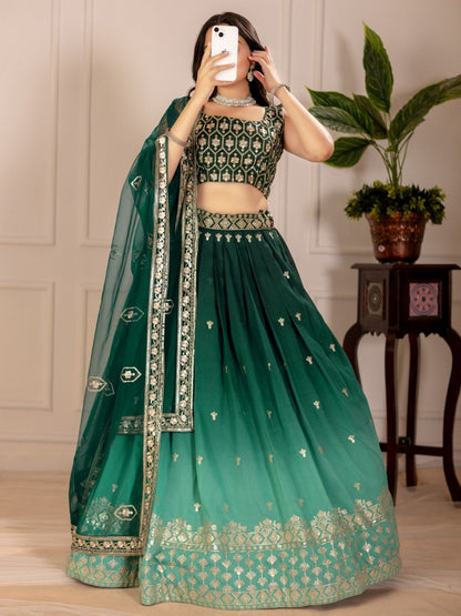 Rajwada Green Ombre Silk Blend Embroidered Semi-Stitched lehenga For Women