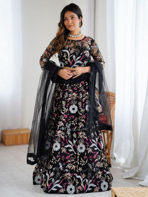 Rajwada Black Net Embellished Semi Stitched Lehenga For Women