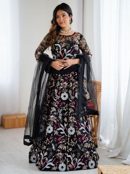 Rajwada Black Net Embellished Semi Stitched Lehenga For Women