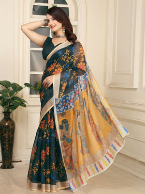 Rajwada Dark Green Cotton Linen Woven Printed Saree For Women