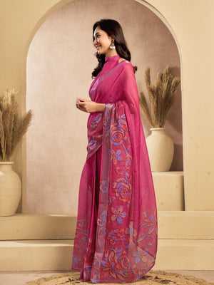 Rajwada Pink Cotton Linen Zari Work Saree For Women