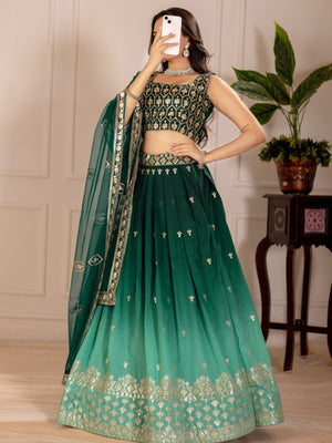 Rajwada Green Ombre Silk Blend Embroidered Semi-Stitched lehenga For Women