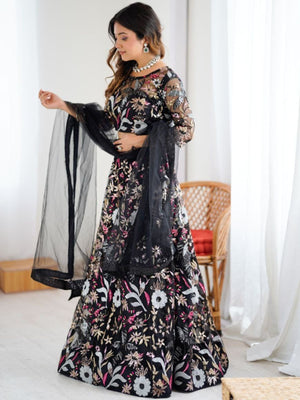 Rajwada Black Net Embellished Semi Stitched Lehenga For Women