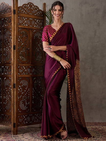Rajwada Maroon Silk Blend Printed Elegant Saree For Women