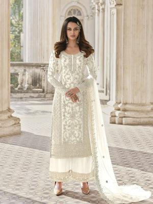 Rajwada White Silk Blend Embroidered Semi Stitched Kurta Set For Women