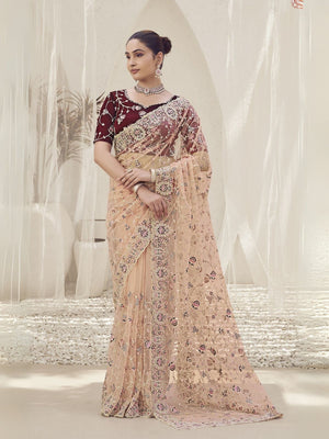Rajwada Light Peach Net Embroidered Elegant Saree For Women
