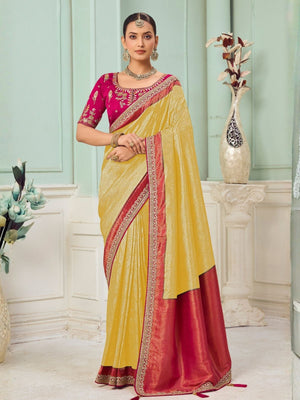 Rajwada Yellow Satin Embroidered Saree For Women