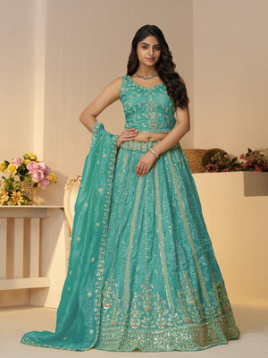Rajwada Sky Blue Jimmy Choo Embroidered Semi-Stitched Lehenga For Women