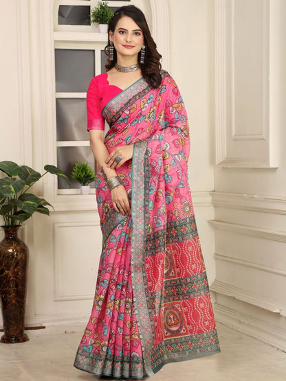 Rajwada Pink Cotton Linen Solid Printed Saree For Women