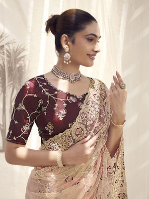 Rajwada Light Peach Net Embroidered Elegant Saree For Women