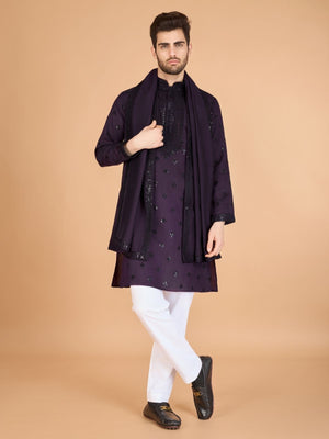 Rajwada Purple Viscose Silk Embellished Stitched Kurta For Men