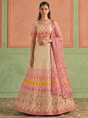 Beige Organza Embroidered Lehenga