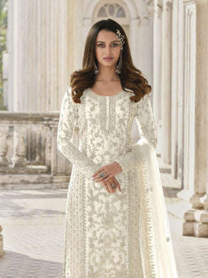 Rajwada White Silk Blend Embroidered Semi Stitched Kurta Set For Women