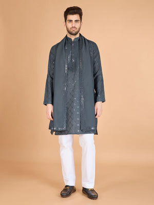 Rajwada Grey Viscose Silk Sequins Stitched Kurta For Men